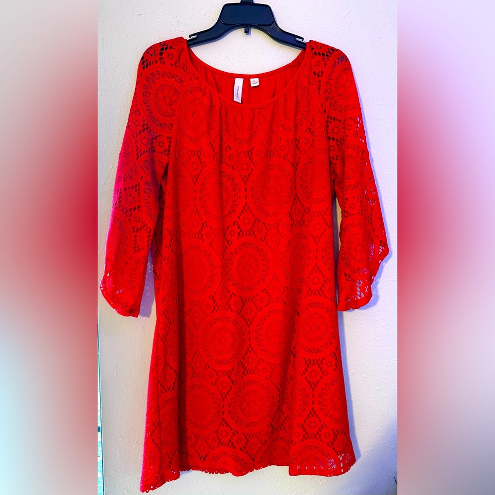 Tacera Red Lace Sheath Dress - Knee Length - Lace Sheer Long Sleeve - L